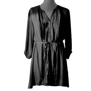 H&M Black Dress Tuxedo Pintuck Button Front 3/4 Slvs V-Neck Hi-Lo Hem Sz 16